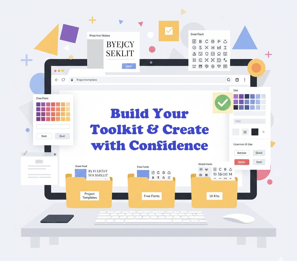 10 Free Design Resources for Commercial Use Without Licensing Worries 5 High-resolution horizontal illustration showing an organized design toolkit with folders, templates, fonts, icons, and notes, labeled 'Build Your Toolkit & Create with Confidence', perfect for digital designers.