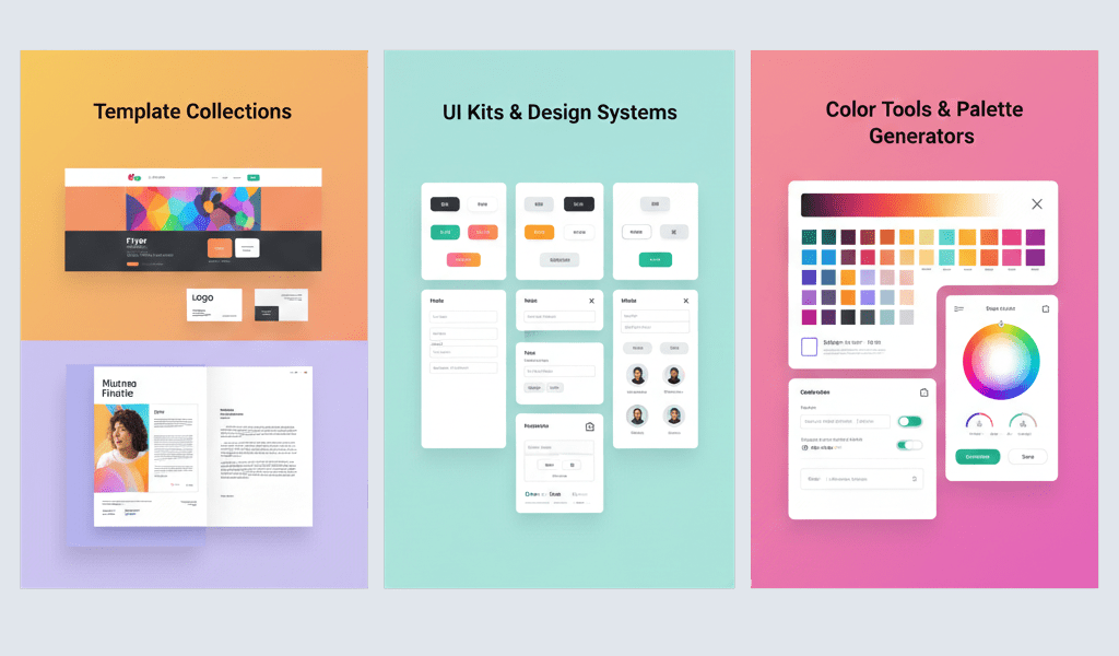 10 Free Design Resources for Commercial Use Without Licensing Worries 4 High-resolution horizontal illustration of free graphic design resources with headings: Template Collections, UI Kits & Design Systems, Color Tools & Palette Generators, perfect for web and digital projects.