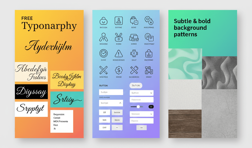 High-resolution horizontal illustration of free graphic design resources, including typography, icons, UI components, and background textures, perfect for web and digital projects.